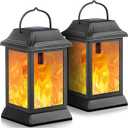 TomCare Solar Lights Metal Flickering Flame Solar Lantern Outdoor Hanging Lanterns Decorative Lighting Heavy Duty Solar Powered Waterproof Umbrella Lighting for Garden Yard Patio Deck, 2 Pack（Black）