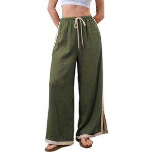 Xiaoxuemeng Linen Pants Women Wide Leg Striped Capri Pants Casual Baggy Linen Trousers with Pockets XL