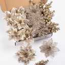 24Pcs Christmas Poinsettia Artificial Flowers and Glitter Berries Kit, 2 Styles Total 16Pcs Christmas Tree Flowers Ornaments, 8Pcs Christmas Tree Picks for Wedding Holiday Decorations, Champagne