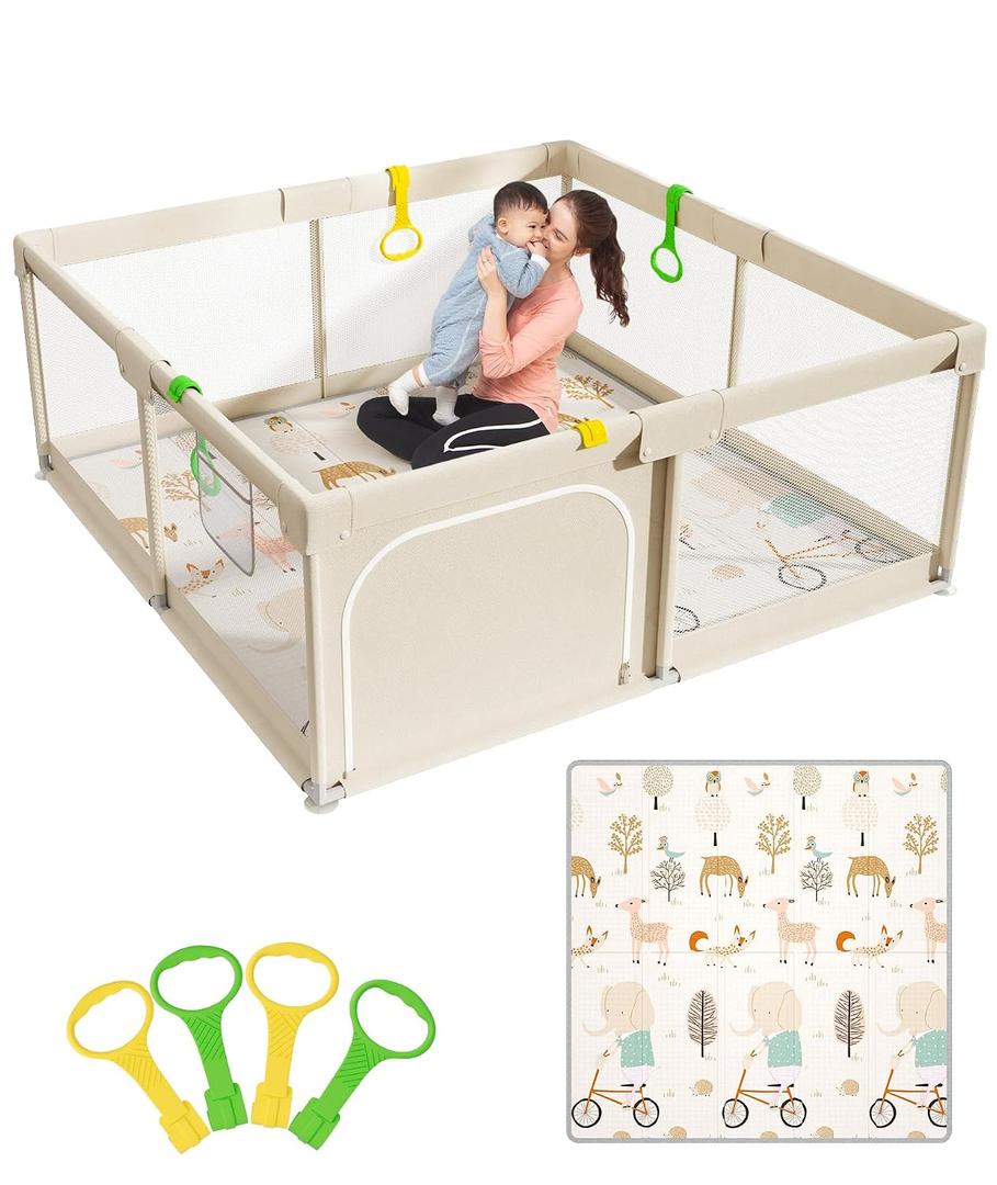 Mloong Baby Playpen with Mat - 59x59 Inches Extra Large Playpen for Babies and Toddlers, Indoor & Outdoor Activity Center, Safety Baby Fence