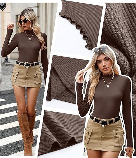 3 Pack Women's Cotton Long Sleeve Mock Turtleneck Tops Ribbed Lettuce Trim Slim Fit Shirts Thermal Base Layer (Large)