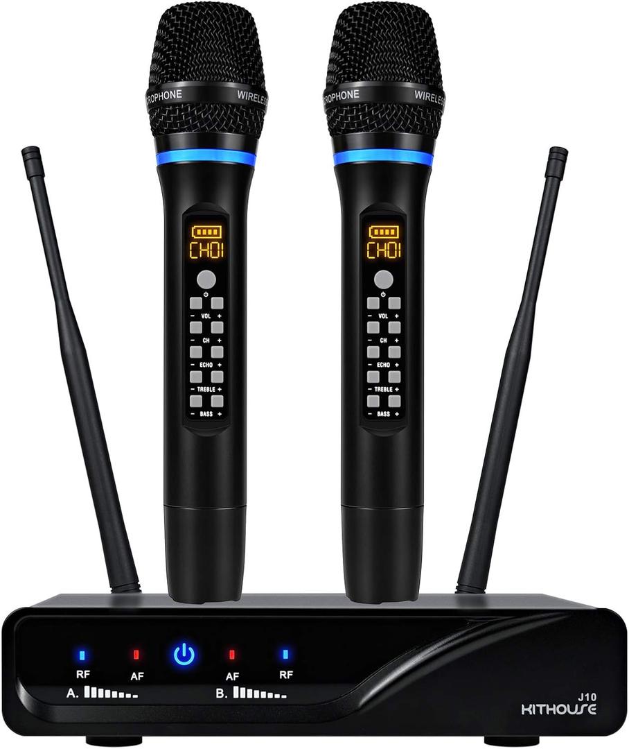 KITHOUSE J10 Wireless Microphone Karaoke System Rechargeable, UHF Metal Cordless Microphone Handheld with Volume Echo Treble BASS Control and Receiver Box for Singing Karaoke Speech Meeting