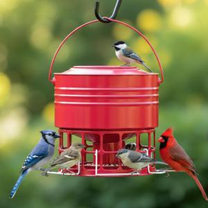 KOL Large Bird Feeder for Outdoors, 10LB Capacity Squirrel Proof Metal Feeder with 32 Feeding Ports & 3 Perches, Easy-Clean Hanging Birdfeeder for Cardinals, Bluebirds, Finches (Red)