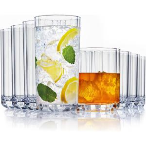 US Acrylic Faceted Clear Plastic Reusable Drinking Glasses (Set of 8) 14oz Rocks & 18oz Water Cups | BPA-Free Tumblers, Made in USA | Top-Rack Dishwasher Safe