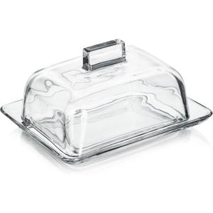 QFkris Clear Glass Butter Dish with Cover for Countertop, 7" Large Square Crystal Butter Dish with Lid and Wide Handle for Fridge Kitchen