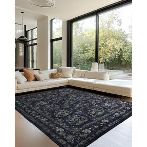 8x10 Large Washable Non-Slip Floral Area Rug(Dark Blue/Grey,8x10)