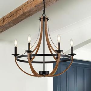 Farmhouse Chandeliers for Dining Room, 6-Light 24 inch Rustic Candle Ceiling Light Fixture, Faux Wood Texture Chandelier for Hallway Foyer Entryway Kitchen Island Bedroom