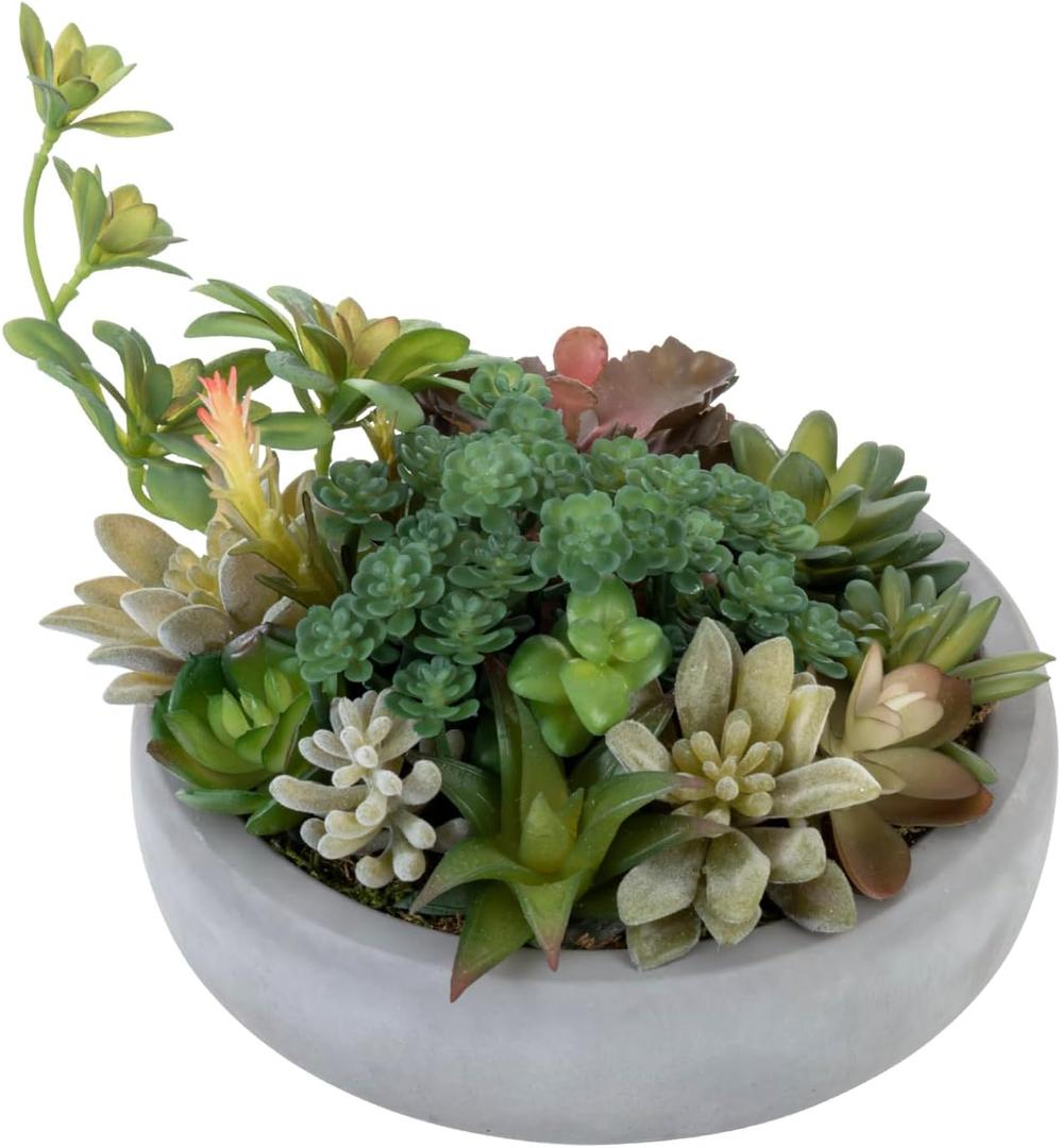 MyGift Assorted Indoor Fake Plants Artificial Succulent Arrangement in Round Gray Cement Planter Pot (Dark Grey)