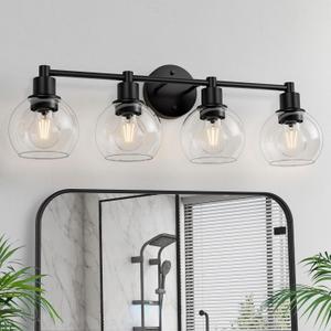 4 Lights Bathroom Vanity Light Fixtures Black, Bathroom Lights Over Mirror, Industrial and Farmhouse 4 Lights Wall Sconce, Matte Black Globe Vanity Lighting Fixtures