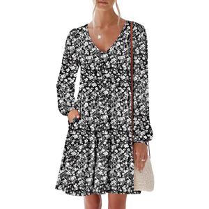 ANRABESS Women's Casual Long Sleeve V Neck Tiered Swing Flowy Loose A-line Cute Mini Short Spring Fall Dress