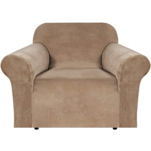 H.VERSAILTEX Stretch Velvet Armchair Cover Couch Covers 1 Cushion Chair Slipcover for Living Room Furniture Cover Crafted from Thick Comfy Rich Velour (Chair 31"-49", Camel)