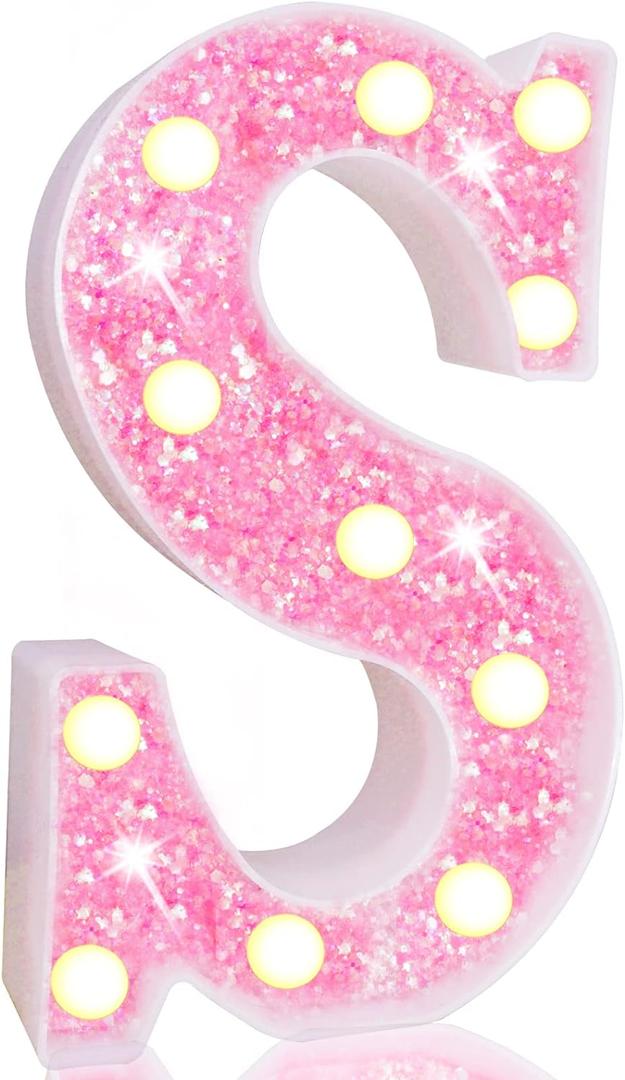 Pooqla LED Marquee Letter Lights, Pink Glitter Alphabet Sign Battery Powered Night Light, Birthday Party, Wedding, Girls Gifts, Home Bar, Christmas Decoration, S (Warm White)
