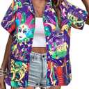 Mardi Gras T-Shirt Hawaii Shirts Women Street Carnival Themed Masks Graphic Tees Beach Vacation Short Sleeve Button Up Tops, S