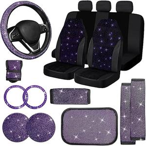 Bling Car Seat Covers Set, Diamond Accessories Rhinestone Crystal Steering Wheel Cover, Velvet Breathable (Purple, Half Part Bling)