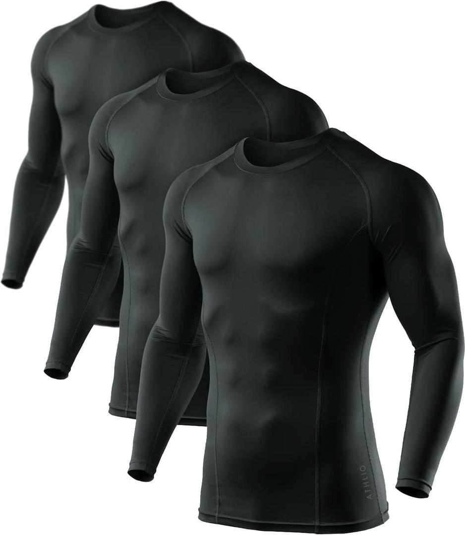 ATHLIO Men's UPF 50+ Long Sleeve Compression Shirts, Water Sports Rash Guard Base Layer, Athletic Workout Shirt (X-Large, 3pack Black/ Black/ Black)