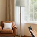 JOOFO Mid-Century Modern Wood Floor Lamp with Dual Fabric Shade, Remote Control, Dimmable & Adjustable Color Temperature, Reading & Living Room Lamp, Easy Clean Cover, Foot Switch,Natural Wood