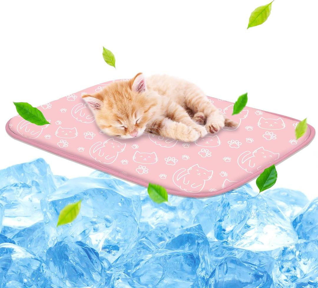 NWK Pet Cooling Mat Ice Silk Mat for Dogs & Cats Portable & Washable Pet Cooling Blanket, Car Seats, Beds for Summer (Small (20'' x 16'' x 0.3''), Pink Cat)