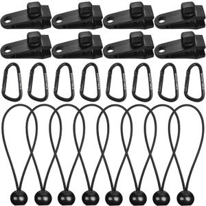 Tarp Clips Lock Grip Tarp Clamps with Bungee Cord and Carabiner for Tent Camping Awnings Caravan Canopies Car Cover Swimming Pool Cover Boat Cover Fasteners Clips 24 Pcs