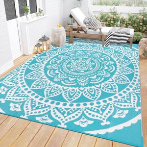 Bsmathom Waterproof Outdoor Rug 5'x8' Reversible Boho Plastic Straw Patio Deck Camping Rugs, Indoor Outdoor Portable RV Mat Clearance Carpet for Outside, Porch, Balcony, Backyard, Beach, Pool,Teal