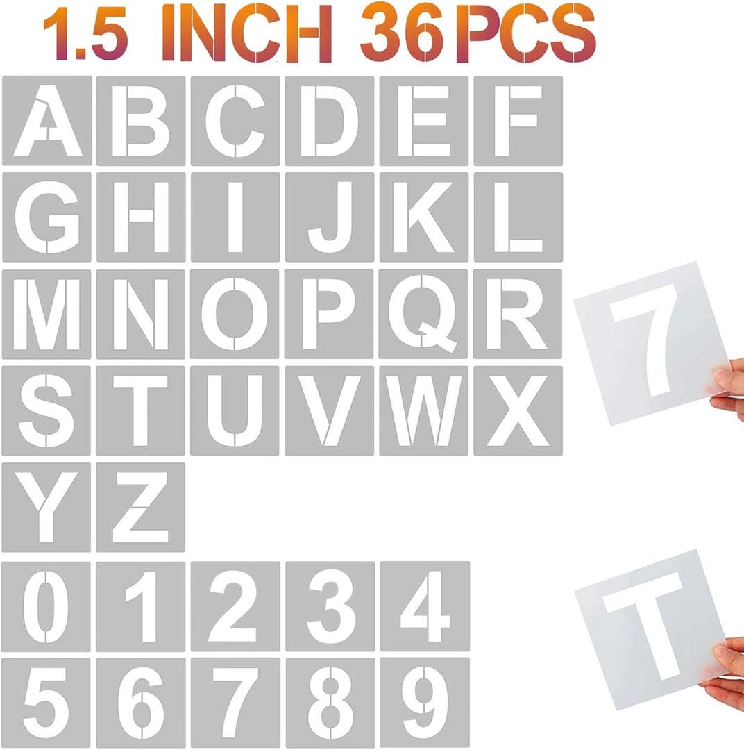 YEAJON 1.5 Inch Letter Stencils and Numbers, 36 Pcs Alphabet Art Craft Stencils, Reusable Plastic Templates for Wood, Wall, Fabric, Rock, Signage, DIY Art Projects