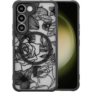 XIZYO Magnetic Case for Samsung Galaxy S23 Plus Floral Rose Flower Cute [Compatible with Magsafe] for Women Girls Aesthetic Pattern Slim TPU Shockproof Bumper Cover, Black