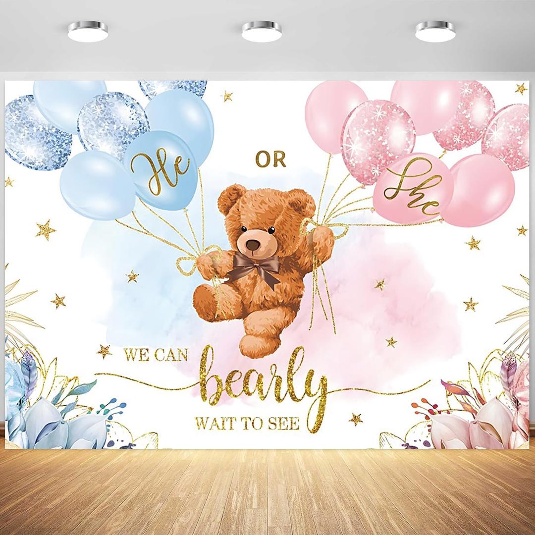 10x8ft Gender Reveal Backdrop Baby Bear Boy or Girl Photography Background Baby Shower Party Blue and Pink Banner Decorations Supplies Photo Booth Props