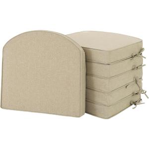 Outdoor Chair Cushions, Fade-Resistant & Water-Resistant, D Shaped Patio Furniture Seat Chair Pads Replacement with Ties, Non-Slip Bottom, Removable Cover, Set of 6, 18.5 x 16 Inch, Natural