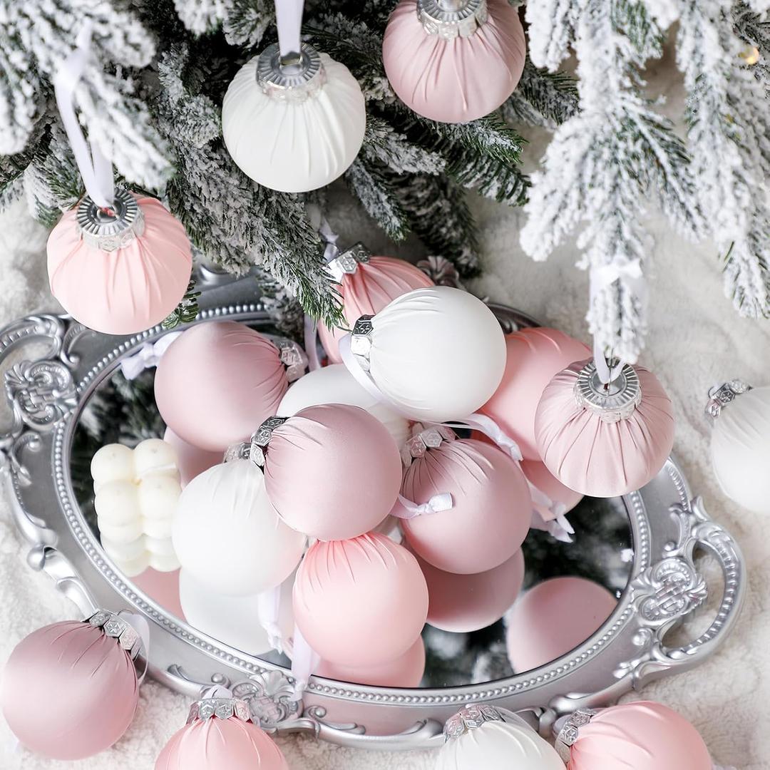 Hollowfly 18 Pcs Blush Pink Christmas Ball Ornaments 2.4'' Christmas Tree Balls Satin Xmas Baubles Hanging Decor Holiday Natural Textured Rustic Ornaments for Xmas Tree Home Decor Bowl Filler Gift