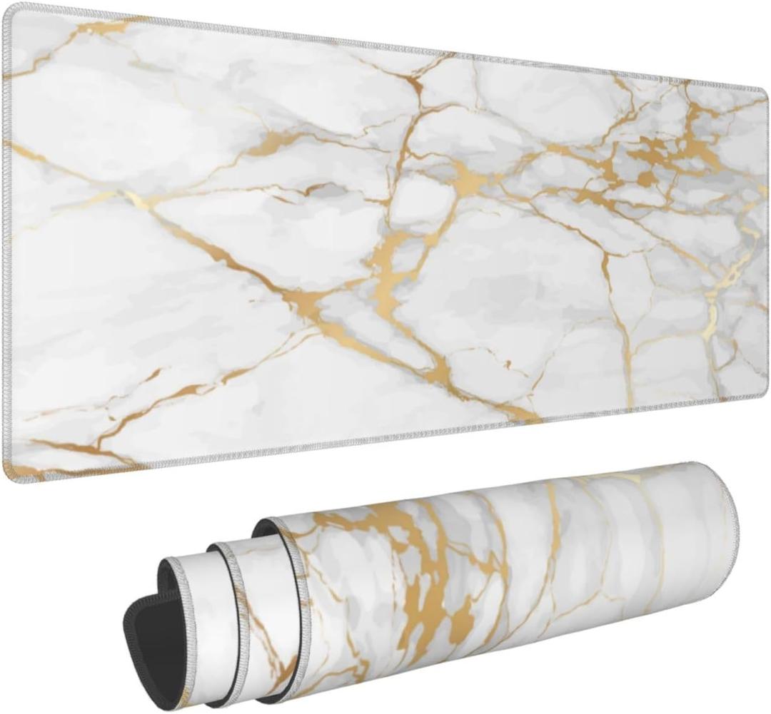 White and Gold Marble XL Large Mouse Pad with Stitched Edges Long Non-Slip Rubber Base Mousepad Laptop Keyboard Mat Desk Pad for Office Home Desk Decor, 31.5" X 11.8"