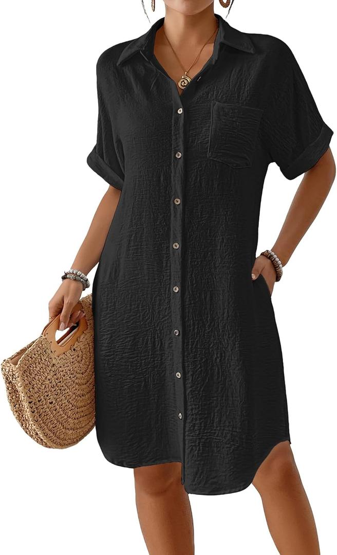 Bsubseach Womens Swimsuit Coverup Long Button Down Bathing Suit Cover Ups Short Sleeve Summer Beach Shirt Dress with Pockets, Size: XX-Large