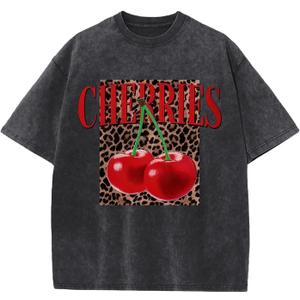 Oversized Cherry Graphic Tees for Women Vintage Leopard Cherry Fruit Shirt Acid Wash Crewneck Streetwear T Shirts Top (Gray, XL)