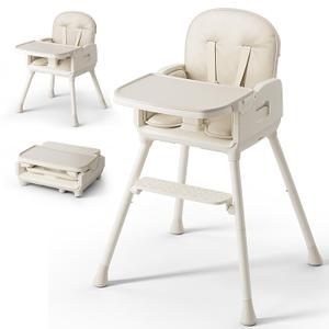 Obee Odee 3in1 Portable Baby High Chair for Babies and Toddlers, Convertible Easy Clean Infant Foldable Highchair with Adjustable Legs & Dishwasher Safe Tray, Beige
