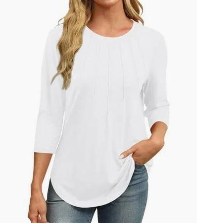 ANRABESS Women Dressy Casual Blouse 3/4 Long Sleeve T Shirts Pleated Round Neck Business Work Tunic Tops 2026 Fall Outfits White, XXL