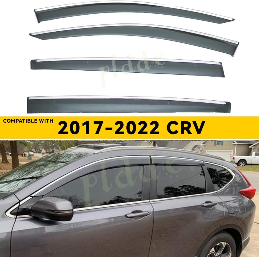 Window Visors Compatible with 2017-2022 Honda CRV CR-V Smoke Tint with Chrome Trim Outside Mount Tape On/Clip On Style PMMA Sun/Rain Guard Vent 4pcs