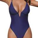 CUPSHE Women Swimsuit One Piece Bathing Suit Deep V Neck Crisscross Back Adjustable Strap (Small, Dark Blue)