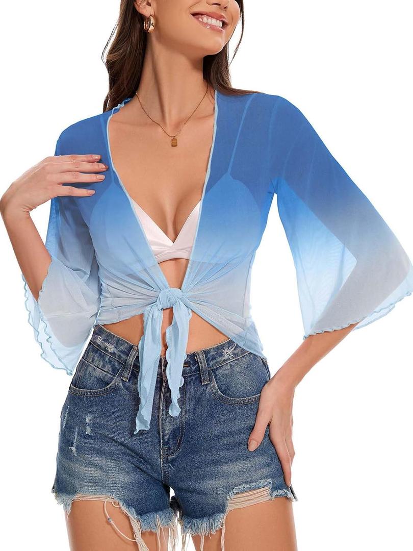 Women's Short Cardigan Bolero Shrug Sheer Tie Front Top 3/4 Sleeve Jacket for Dress 2026, XL