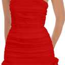 Mizoci Women's Sexy Tube Top Bodycon Mini Dress Strapless Ruffle Bow Back Ruched Party Short Dresses (Red, S)