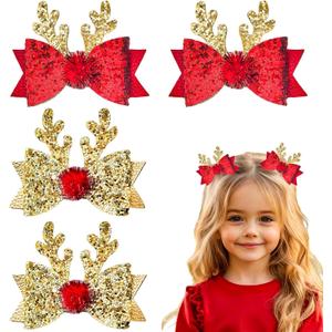 4 Pcs Christmas Hair Clips Xmas Bow Hair Accessories Cute Reindeer Antlers Glitter Sequins Holiday Hairpin Barrettes