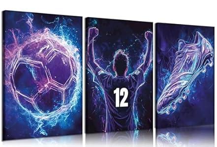 3pcs Cool Football Canvas Wall Art Neon Boys Themed Wall Decor Pictures Abstract Sneakers Posters Prints Paintings for Lovers Living Room Bedroom Decoration Prepare To Hang