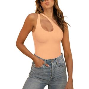 REORIA Butsmooth Women's Trendy Sexy Plunge One Shoulder Sleeveless V Backless Going Out Tank Bodysuits Tops (Medium, Peach Fuzz)