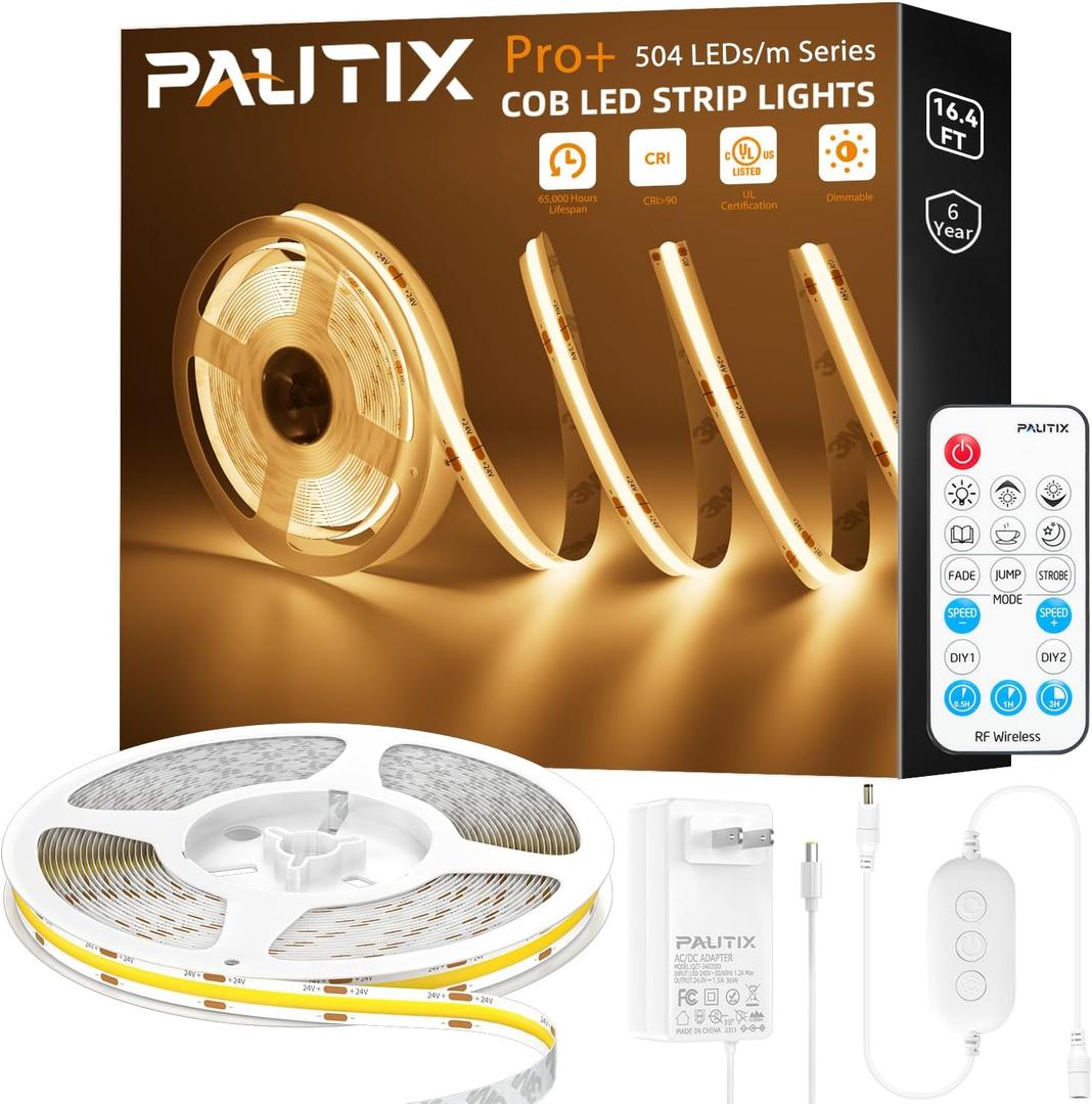 PAUTIX COB LED Strip Light 2700K,16.4ft Dimmable 2520LEDs DC24V Warm White LED Strip Lights, High Lumen Tape Lights Kit with RF Remote Timer Function and 48W Power Supply for Home, Kitchen DIY Lighting