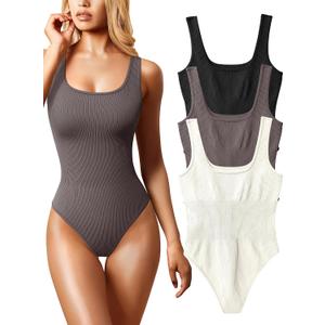 OQQ Women's 2 Piece Bodysuits Sexy Ribbed Sleeveless Square Neck Tank Tops Leotard 2025 Trendy Outfits (XX-Large,Tea Beige)