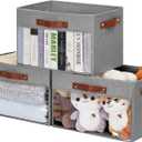 Large Storage Baskets with Clear Window, See Through Closet Organizer with PU Handles, Linen Foldable Storage Bins for Organizing Clothes, Toys, Books (Gray) (Large-14.9"x9.8"x9.8")