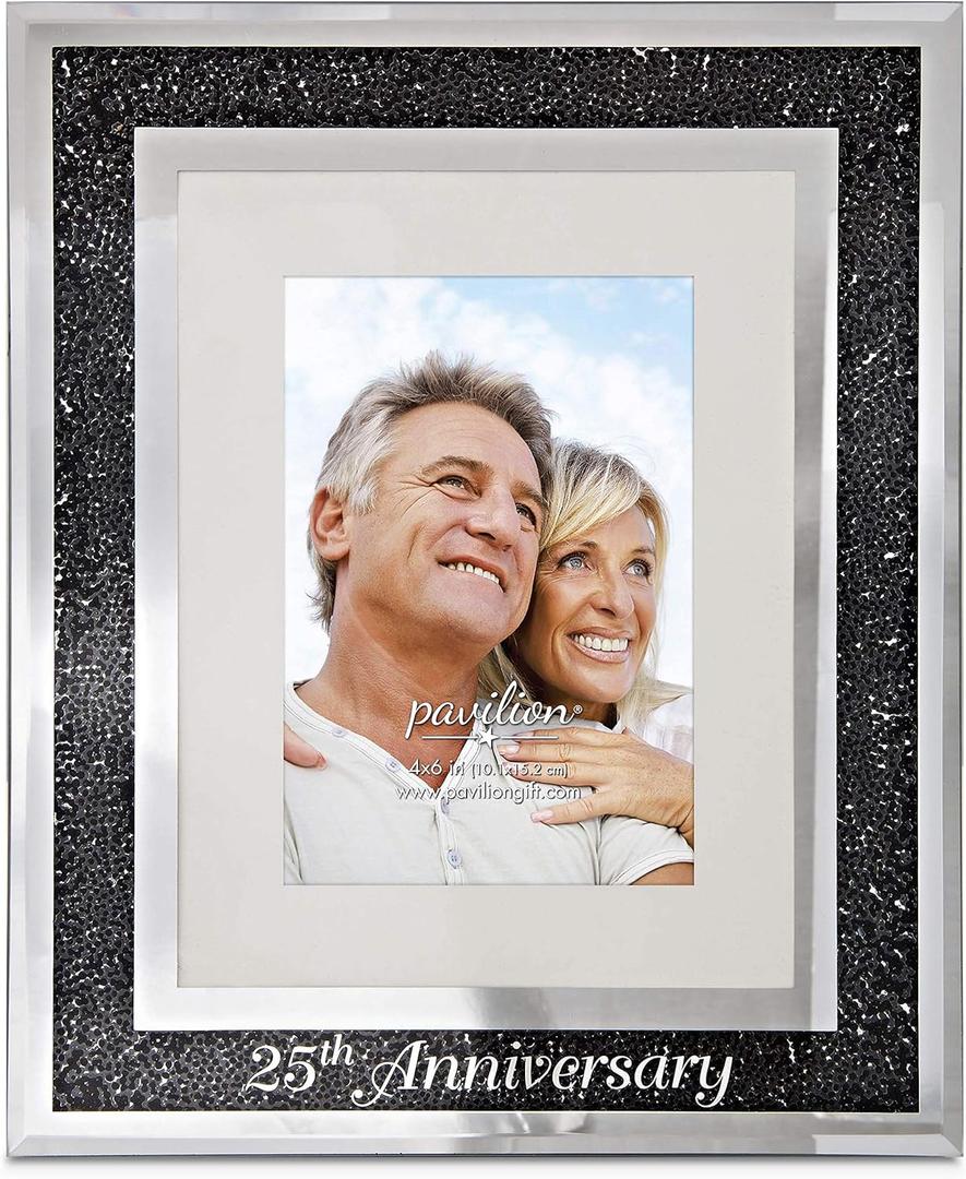 Pavilion Gift Company 85114 Glorious Occasions - 25th Anniversary Black Crystal Mirrored 4x6 Picture Frame,