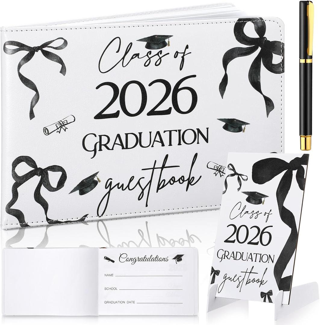 Yingzhao Leather Graduation Guest Book with Wood Table Sign and Signature Pen 144 Pages Class of 2026 Graduation Signature Book Grad Guest Scrapbook College Party Supplies(Black,Black Bow)