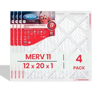 BestAir 12x20x1 Air Filter (4-Pack) | MERV 11 Advanced Allergen 8500 HVAC AC Furnace Filter | Replacement Air Filter for Residential & Commercial Use | Made in USA | Actual Size (11.75 x 19.75 x 0.75)