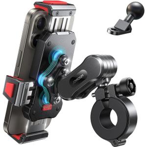 JOYROOM Aluminum Alloy Motorcycle Phone Mount with Vibration Dampener, Phone Holder for Harley Bike, Bicycle, Scooter, ATV/UTV, Compatible with iPhone, Samsung, All Cell Phones (Red)