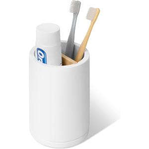 White Premium Toothbrush Holder - Concrete Removable Base and Bamboo Divider - Electric Toothbrush and Toothpaste Stand - Tooth Brushing Holder for Bathrooms (Regular)