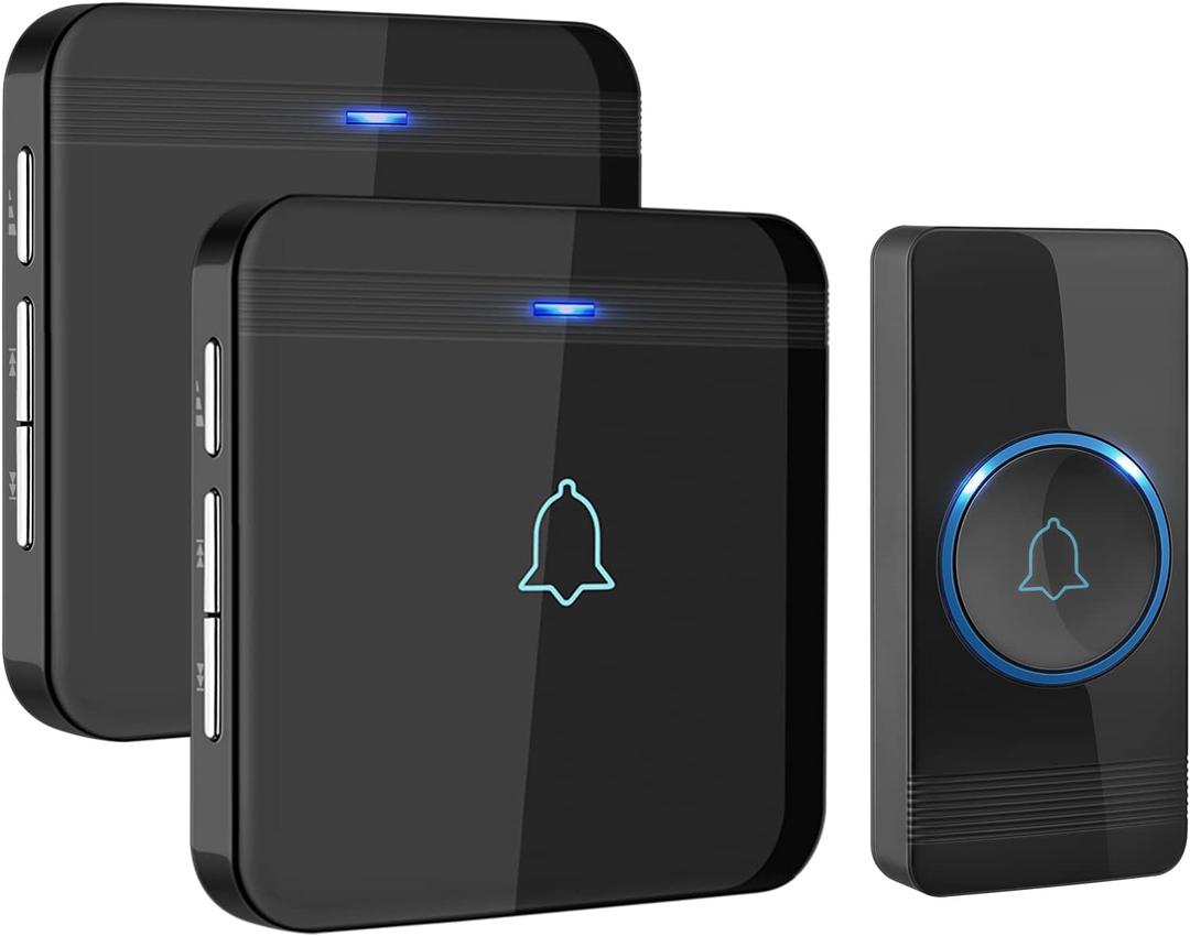AVANTEK Wireless Doorbell, Waterproof Door Bell Chime Operating at over 1300 Feet, Classroom Doorbell with 52 Melodies, CD Quality Sound and LED Flash, 1 Button + 2 Plug-in Receivers, D-3B (Black)