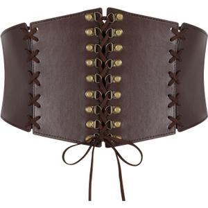 LEACOOLKEY Women's Wide Corset Belt - Vintage Elastic Waist Lace-up Tied Waspie for Dresses and Halloween Costume (Fit Waist Size 27"-30", Coffee)